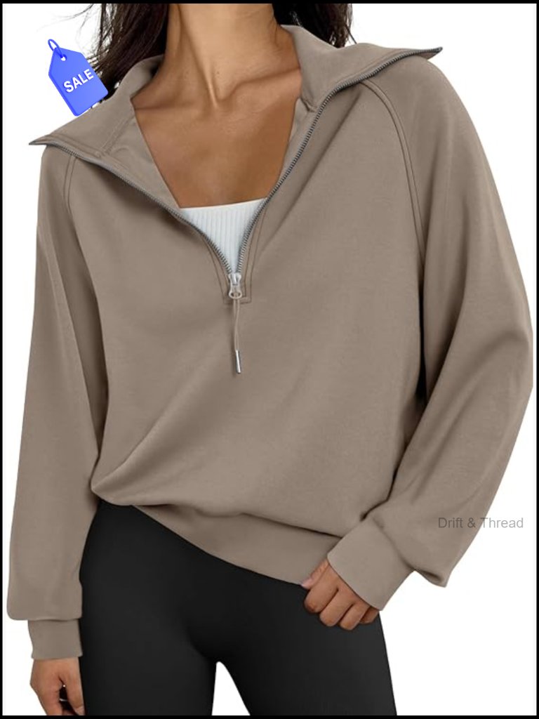 Oversized Quarter Zip Cropped Hoodie, Soft Rayon Blend, Drop Shoulder Pullover
